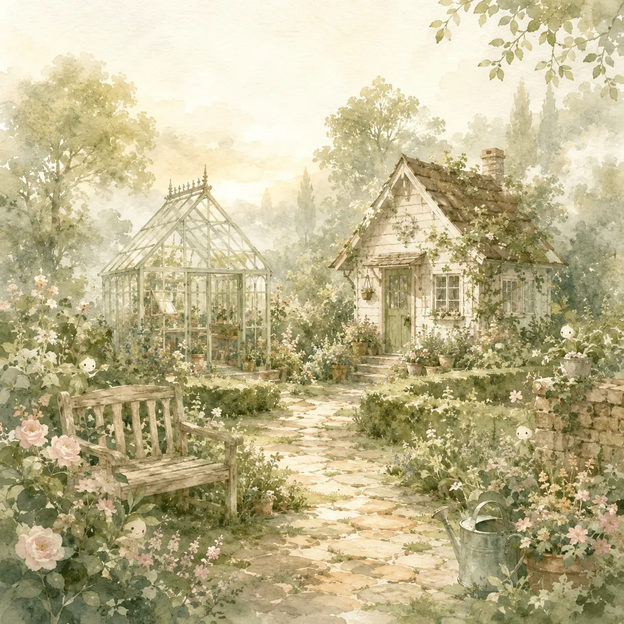 被繽紛花草包圍的柔和水彩庭園小屋